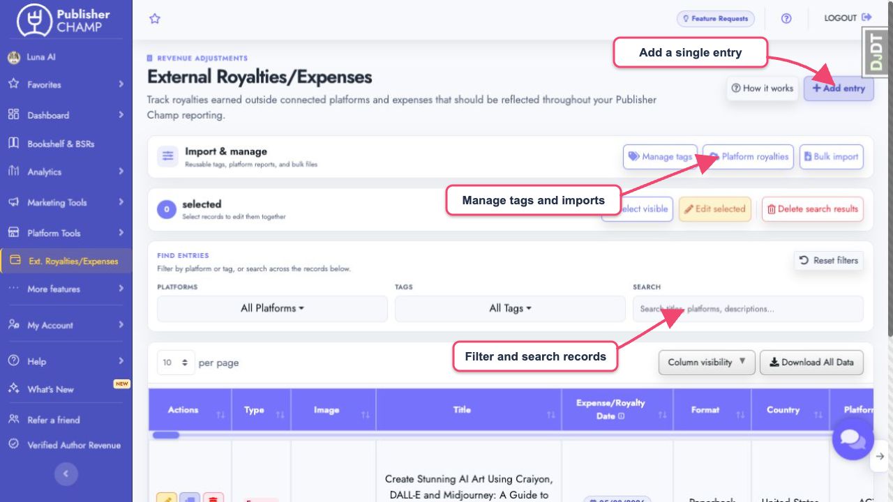 Open External Royalties and Expenses from the left navigation